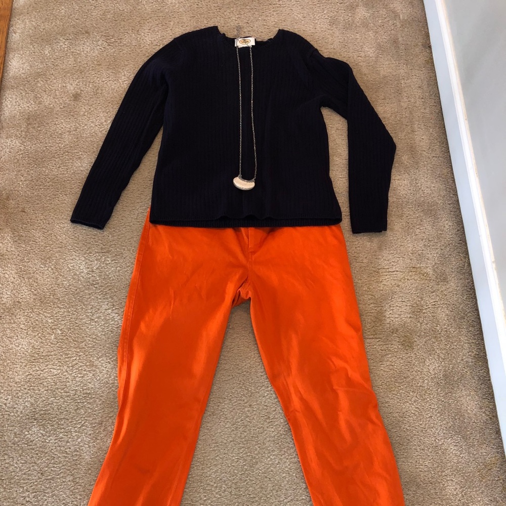 Talbots Navy sweater and orange pants size 6